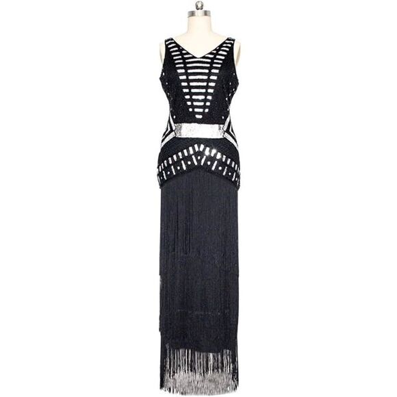 ✨🖤 Flapper Great Gatsby 1920s Retro Tassel Fringe Sequin Black Dress SIZE M NWT - Picture 5 of 17